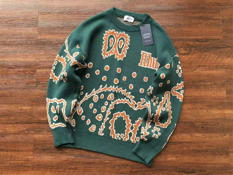 

New Green Jacquard Rhude Sweater Men Women Best Quality Oversize Sweatshirts y2k
