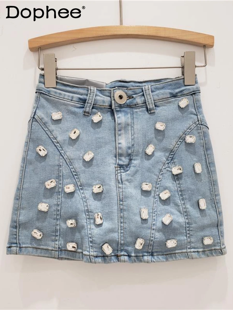 European Station Design Handmade Beaded Denim Skirt Female Summer new High Waist Slimming Bodycon Bandage A- line mini Skirt decorative pocket design denim strap pants 2023 new hot selling fashion women s pants