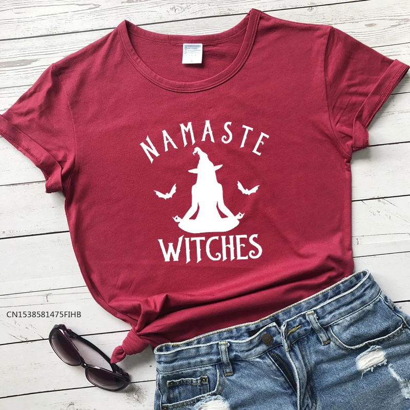 

Namaste Witches Halloween T-Shirt Funny Soft Premium Fabric Slogan Tee Wiches Clothing Graphic Stylish Halloween Grunge Shirt