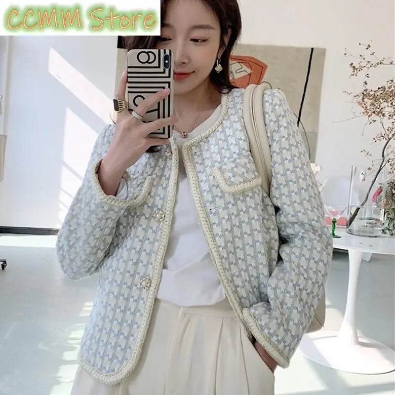 

High Quality French Vintage Small Fragrance Tweed Jacket Coat Women Spring Autumn Casual Fried Street Short Coat Plaid Outwear