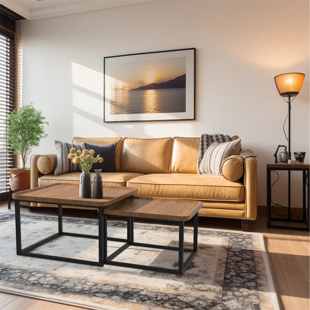 LUVODI Set of 2 Industrial Coffee Table Retro Square Wooden Center Tea Table Living Room Sofa with Metal Base