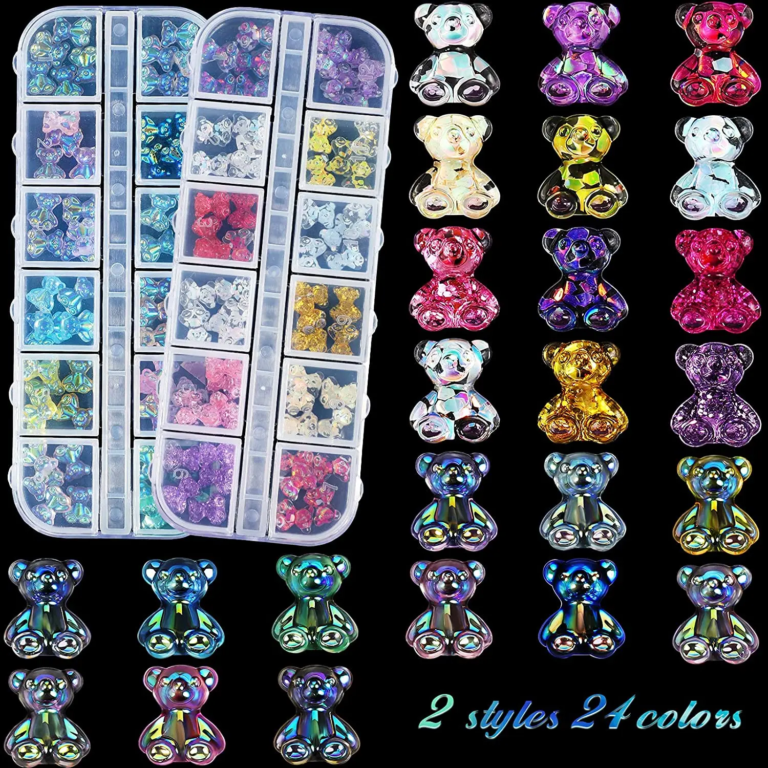 

60PCS 3D Cute Bear Resin Nail Art Decorations Charms Aurora Crystal Gummy Bear Nail Rhinestones for Manicure Design Ornaments