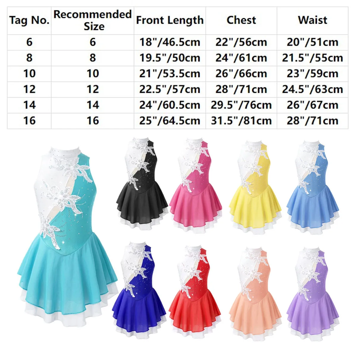 Kids Girls Sequin Figure Ice Skating Dress Rhinestone Floral Ballet Gymnastics Leotard Dancewear Competition Performance Clothes