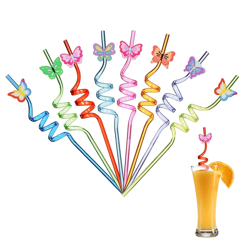 

8Pcs Cartoon Butterfly Straws Party Decoration Birthday Party Tableware Reusable Straw For Smoothies Juice Milk Bar Accessories