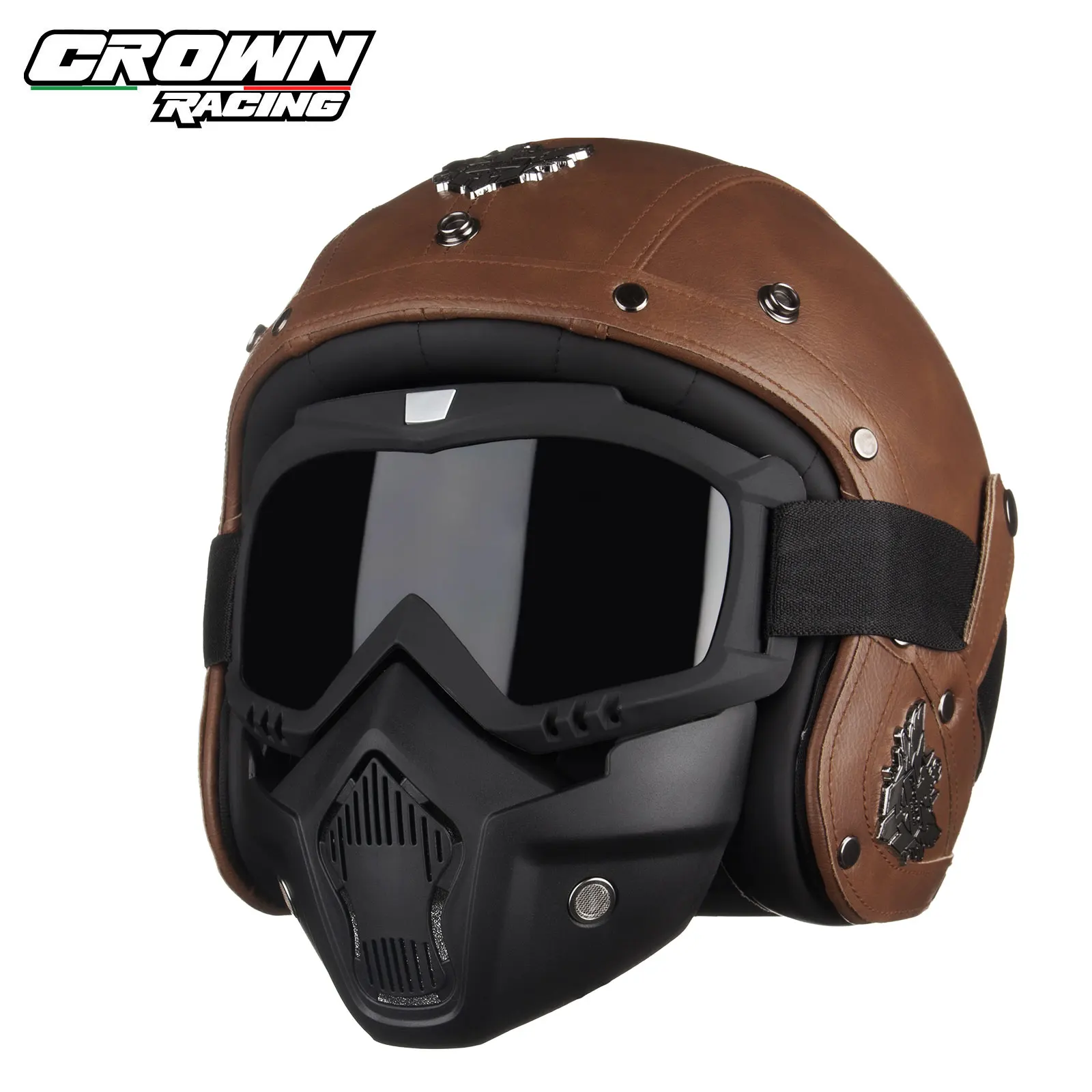 Crown Racing Retro Motorrad Sicherheit Herren 3/4 Offener Helm