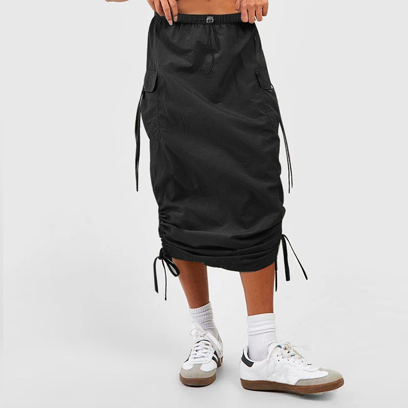 여성 캐주얼 신축성 허리 플랩 포켓 드로스트링 스커트, y2y 하프 스커트, 작업 스커트, 패션