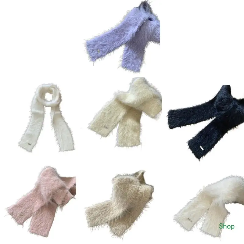 

L5YC Ladies Harajuku Cool Scarf Y2k Girl Solid Color Knit Long Plush Scarf