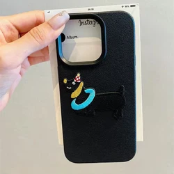 Korean Cute 3D Cartoon Embroidery Dog Phone Case - Funny Puppy Leather Pattern Cover - iPhone 17 Pro Max (Black)