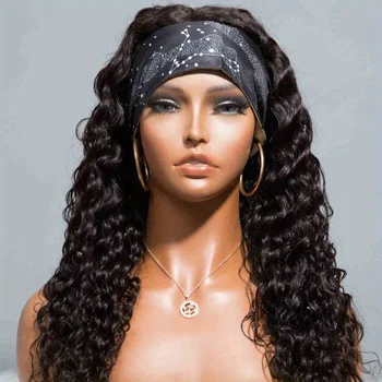 Human Hair 200% Density Headband Wig Human Hair Wigs Wear and Go Glueless Wig Curly Deep Wave Headband Wig Natural Color 1