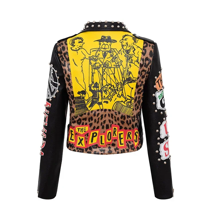 Motorcycle Cropped Leather Jacket Women 2024 Trend Punk Style Streetwear Graffiti Print Contrast Faux Leather Studded Jacket