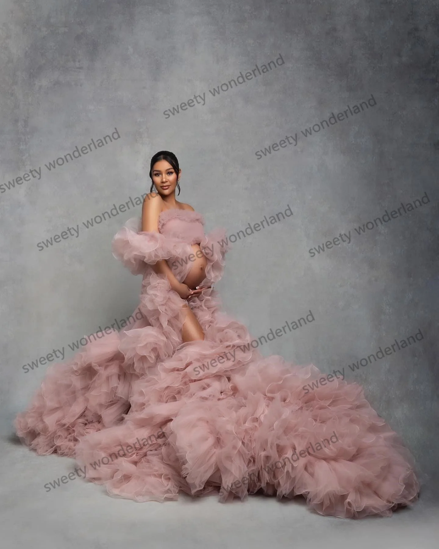 Dust Pink Prom Dresses For Women Tulle Ruffles Train Maternity Dress Formal Party Gown for Baby Shower