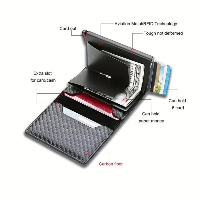 남성용 탄소 섬유 RFID 차단 지갑, 미니멀리스트 프론트 포켓 지갑, 신용카드 홀더