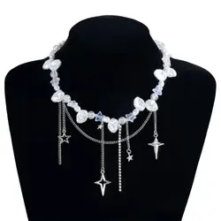 Elegant Imitation Pearl Star and Cross Choker Necklace with Adjustable Chain (5)