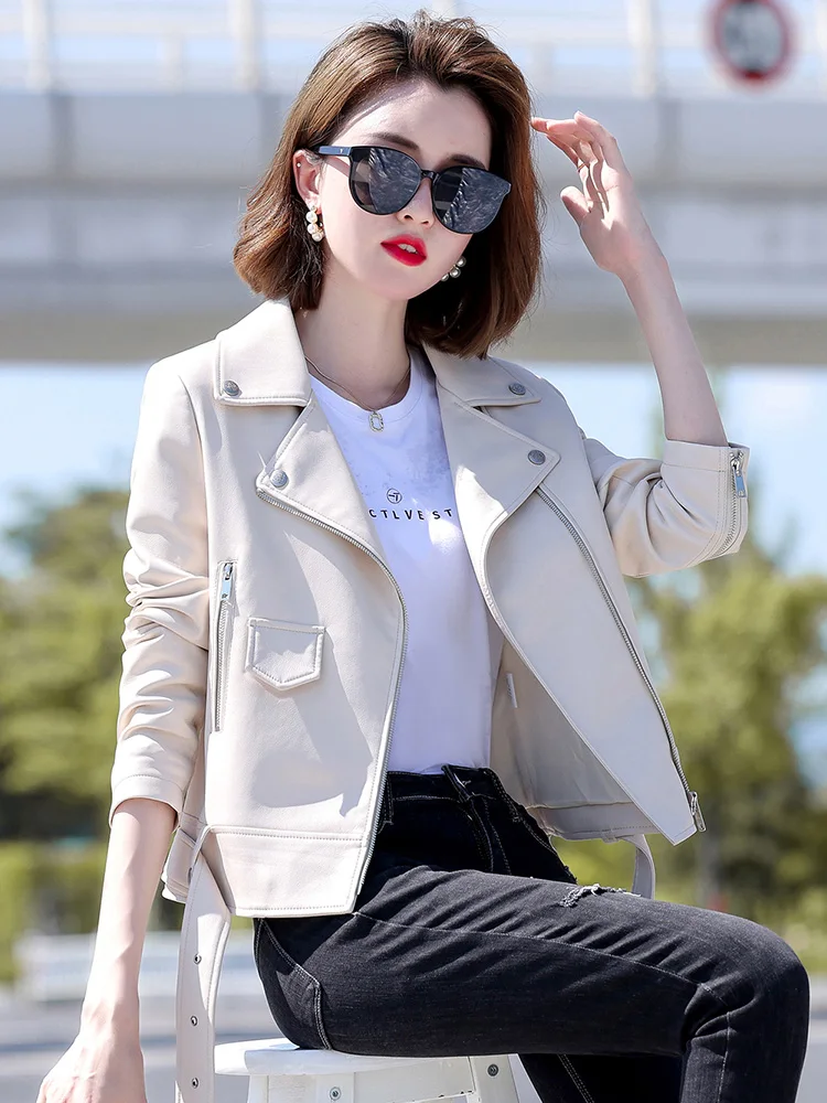 New Women Biker Leather Jacket Spring Autumn Fashion Cool Motor Style Suit Collar Sheepskin Short Coat Slim Jacket Split Leather