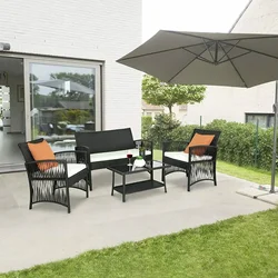 Rattan Garden Furniture Set Outdoor 4Pcs PE Rattan Patio Furniture Weaving Wicker Sofa Set Cushion Glass Table W/ Chairs Balcony