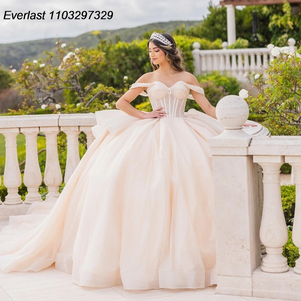 

EVLAST Shiny Ivory Quinceanera Dress Ball Gown Applique Beaded Diamonds Tiered Mexico Corset Sweet 16 Vestidos De 15 Anos TQD807