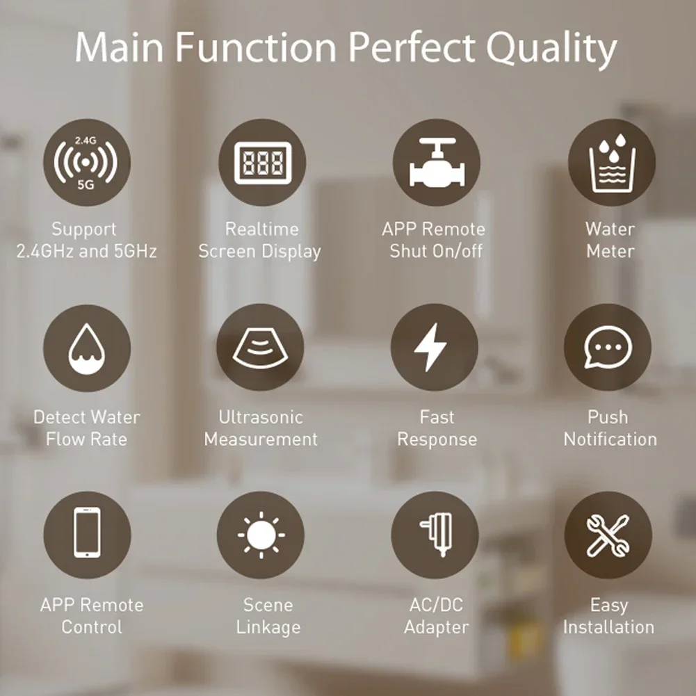 Tuya WiFi Intelligent Watervalve Dual-Band Flowrate Meter APP Control Efficient Home Water Management Device for Voice Control