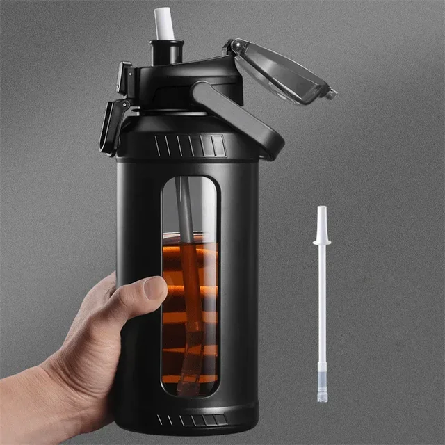 Large Capacity 2L Water Bottle Glass Bottle with Removable Straw, High Borosilicate Glass Water Bottle with Carry Handle for Gym 3