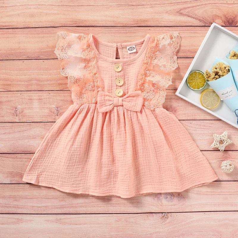 

Summer New Baby Girl Dress Fashion Sleeveless Lace Edge Soft Pure Cotton Breathable Solid Color Bow Children'S Clothes Baby Care
