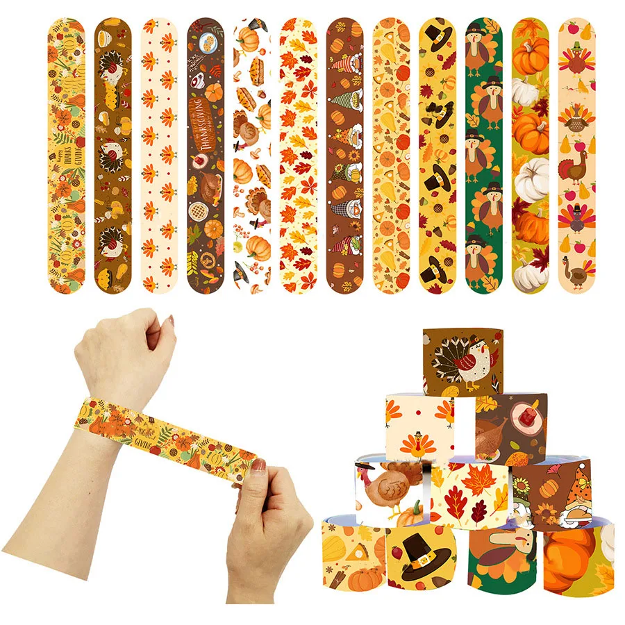

Thanksgiving Day Slap Bracelets Autumn Maple Leaf Pumpkin Turkey Clap Circle Happy Harvest Festival Party Decoration