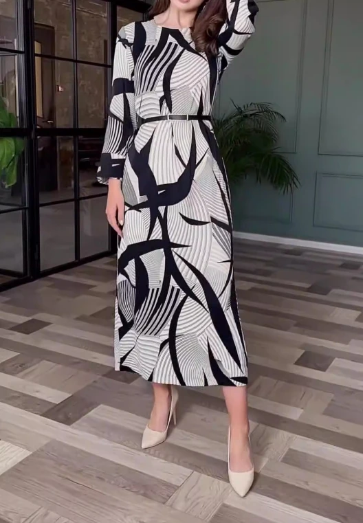 

Obedient and Beautiful Woman with Fashionable Temperament, High-End Printed Elastic Waist, Long Sleeved Zippered Dress