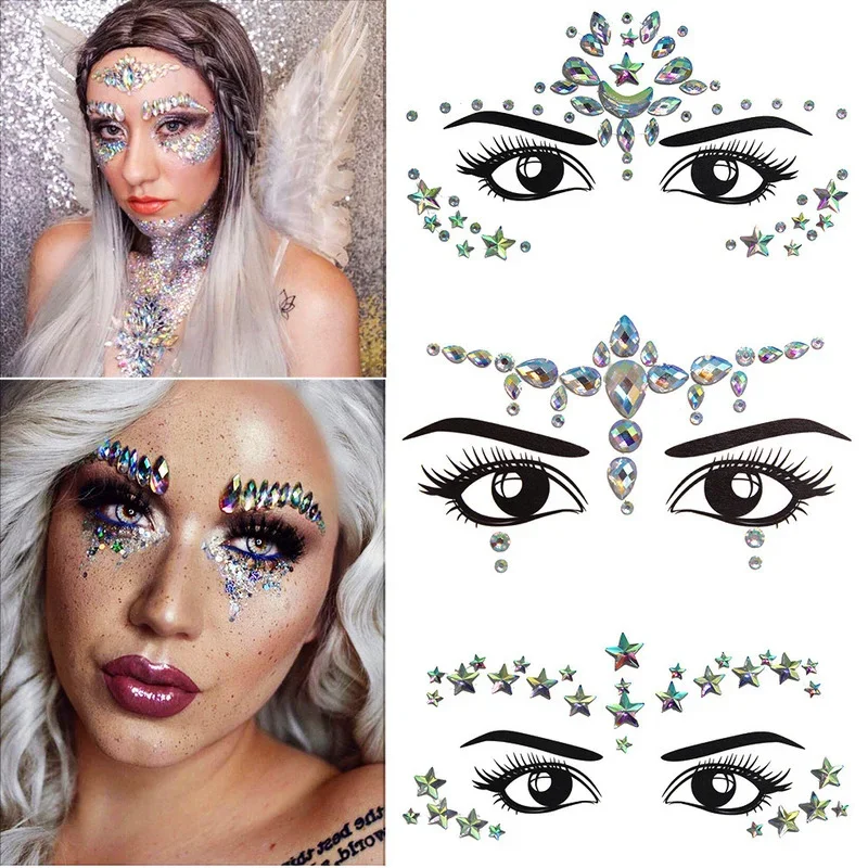 Face Jewels Tattoos for Women Party Makeup Decor Diamond Rhinestone Face Stickers 3D Self Adhesive Body Eyebrow Diamond Stickers