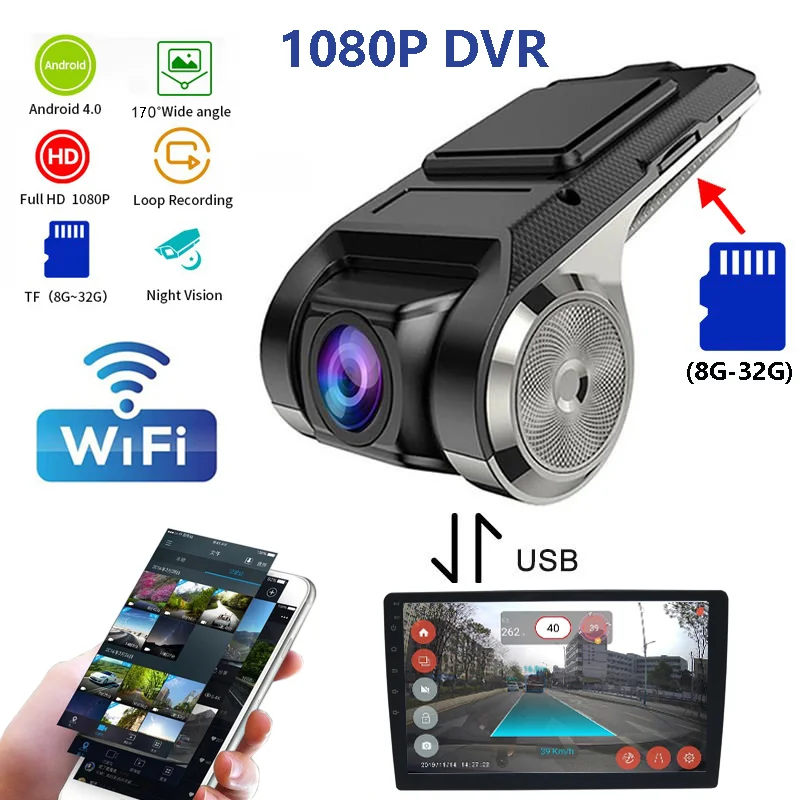 Hd Usb Wifi Car Dash Dvr Record Fotocamera Anteriore Video 170 ° Registratore Automatico Per Android Radio Multimedia Player Sorveglianza Nuovo