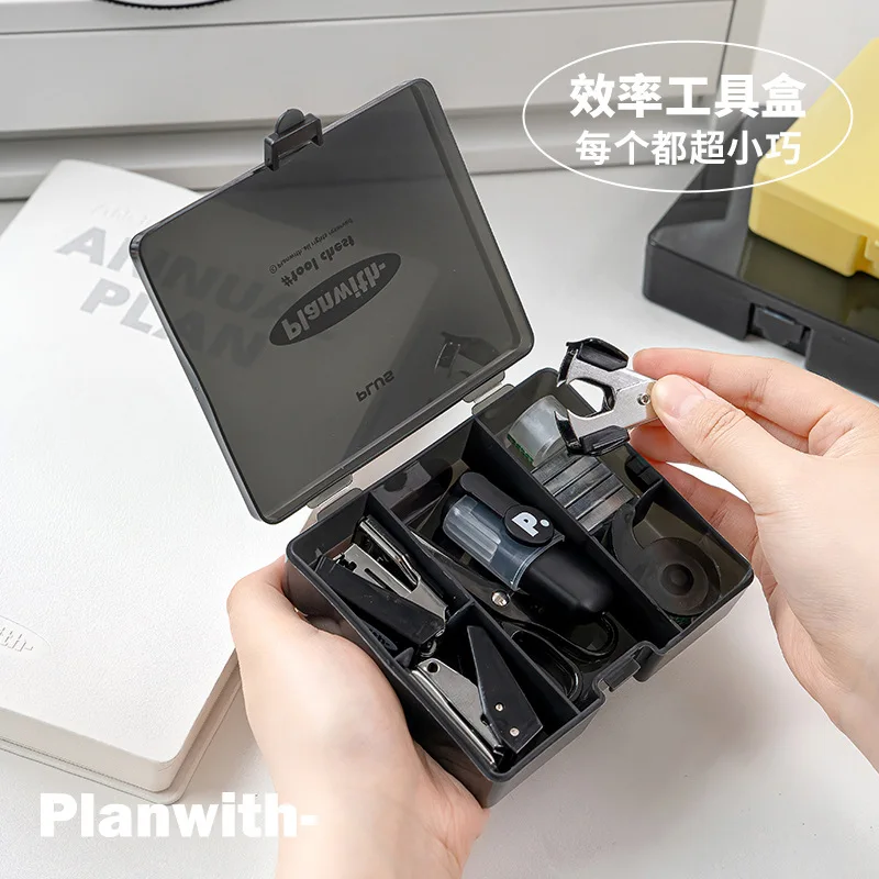 Kawaii 4/8pc Portable Stationery Multi Functional Tool Box Efficiency Set Puncher Stapler Adhesive Tape Mini School Supplies stationery set