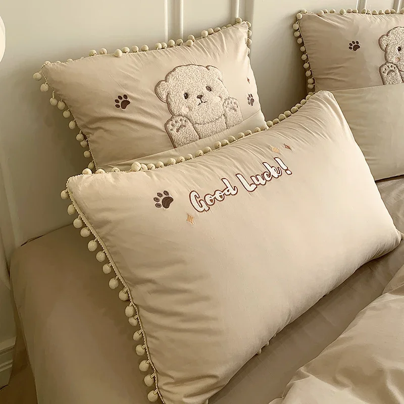 Cute Cartoon Bear Applique Embroidery 100% Cotton Child Bedding Set Single Quilt Cover Bed Comforter Cover Bed Sheet Pillowcases