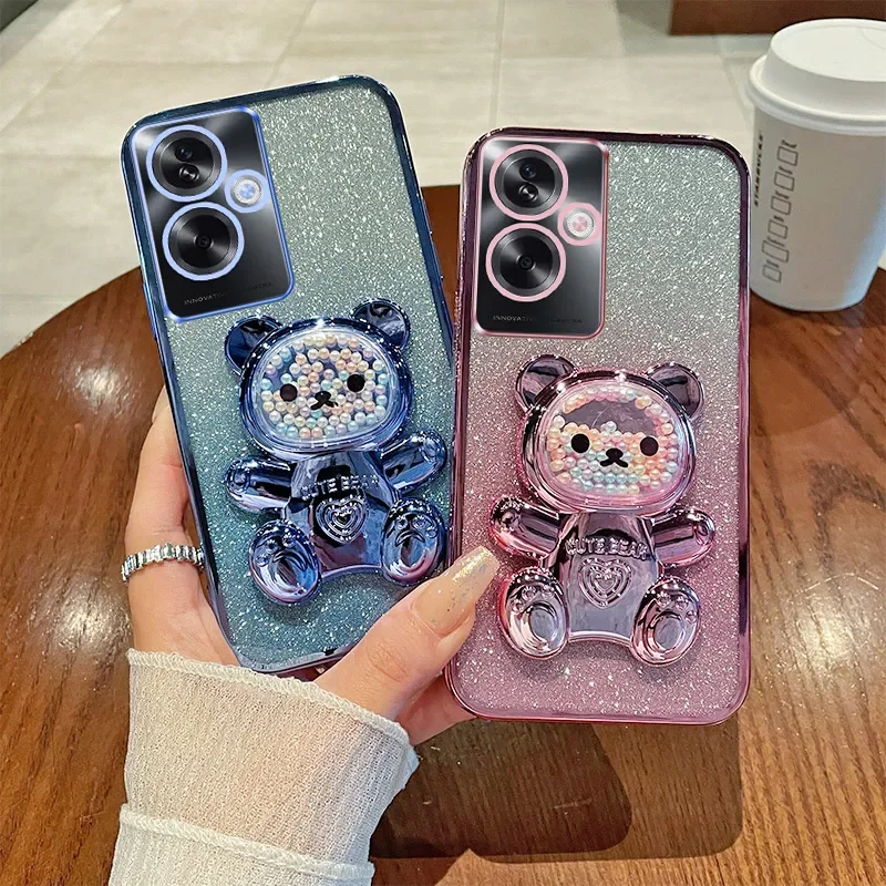 Sparkling Soft Silicone Shockproof Phone Case with Cute Bear Stand – Electroplated TPU Back Cover