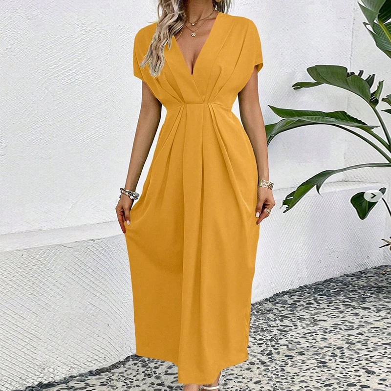 

Solid Color Deep V-neck Draped Long Dress Women 2024 Spring High Waist A-Line Party Dress Summer Short Sleeve Office Boho Dress