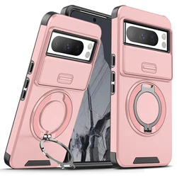 Magnetic Shockproof Armor Case with Metal Ring Holder and Slide Lens Protection - Pixel 10 Pro XL (LK - Pink)