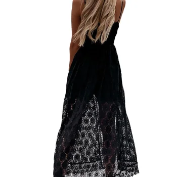 Springcmy Women Summer Casual V Neck Crochet Long Dress Spaghetti Strap Lace Embroidery Maxi Dress Ruffle Flowy Beach Sundress