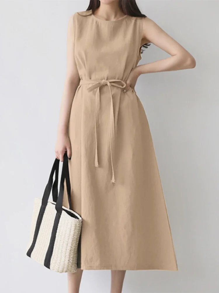 

Dress New Summer Round Neck Sleeveless Solid Color Lace-up Women Clothing Leisure Comfortable Long Dresses for Women Streetwear