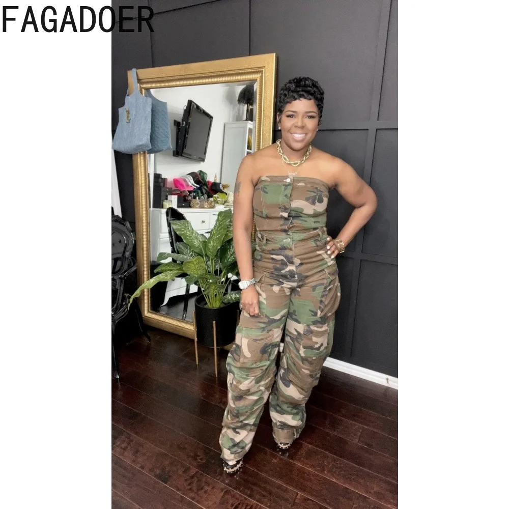 FAGADOER 여성용 위장 빈티지 포켓 카고 바지 점프수트, 스트랩리스 버튼 캐주얼 플레이수트, 와이드 레그 팬츠 롬퍼, 가을