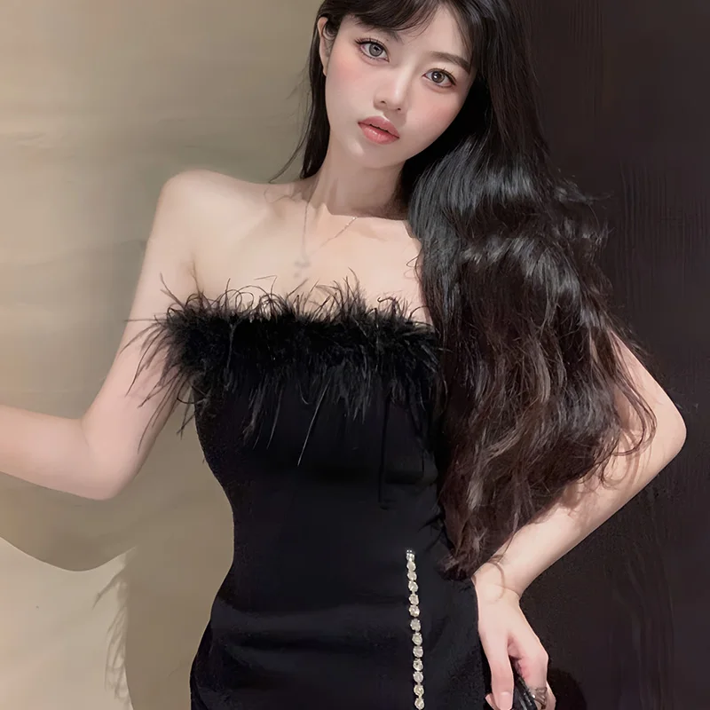 랩스커트 여성용 캐주얼 섹시 봉제 스티치 슬릿 디자인, 민소매 스트랩리스 패키지 힙 드레스, 단색, 한국 버전