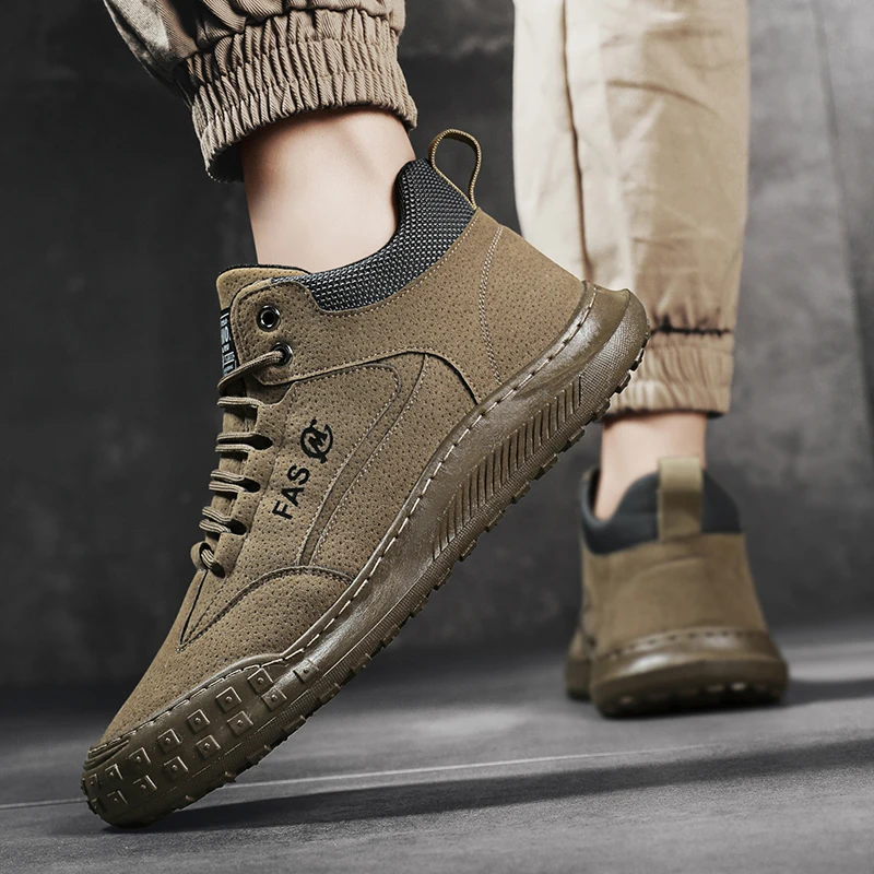 STRONGSHEN Men Leather Hiking Shoes Wear-resistant Outdoor Tyre Bottom Tooling Shoes Lace-Up Climbing Trekking Hunting Sneakers