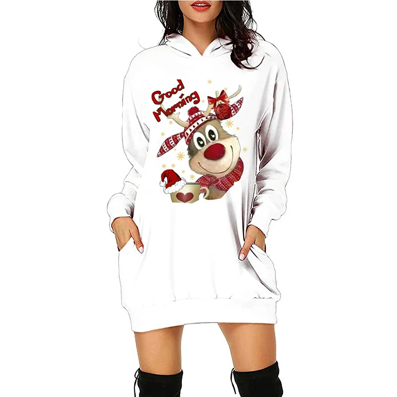 Women's Pockets Hoodies S-5XL New Years Long Sleeve Deers Printed Pullovers Merry Chritmas Autumn Winter Red Casual Sweatshirts