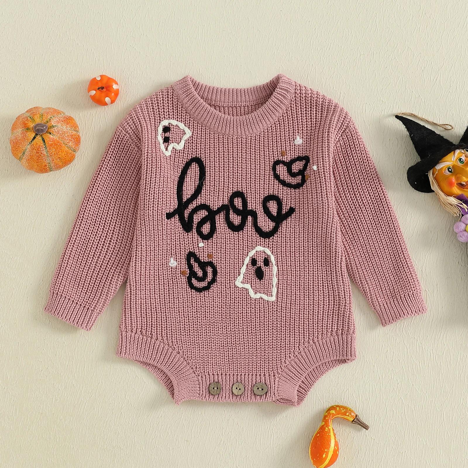 FOCUSNORM 0-12M 소년 소녀 할로윈 스웨터 Romper 5 색 유령 편지 수 놓은 Crewneck 긴 소매 점프 슈트