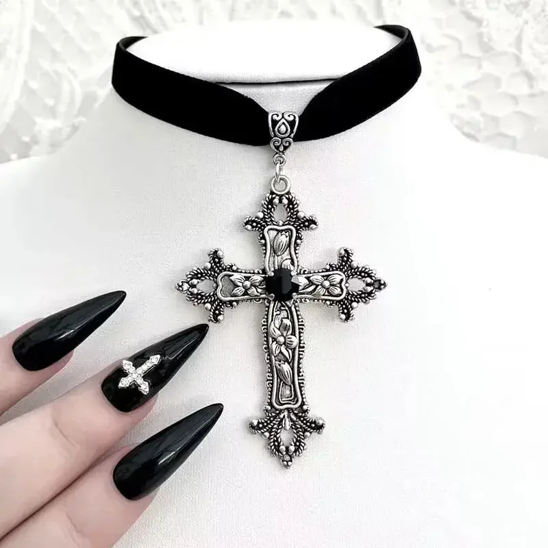 Cross Choker Vintage Antique Silver Color Black Rhinestone Gothic Black Rope Necklace Victorian-Themed Gatherings