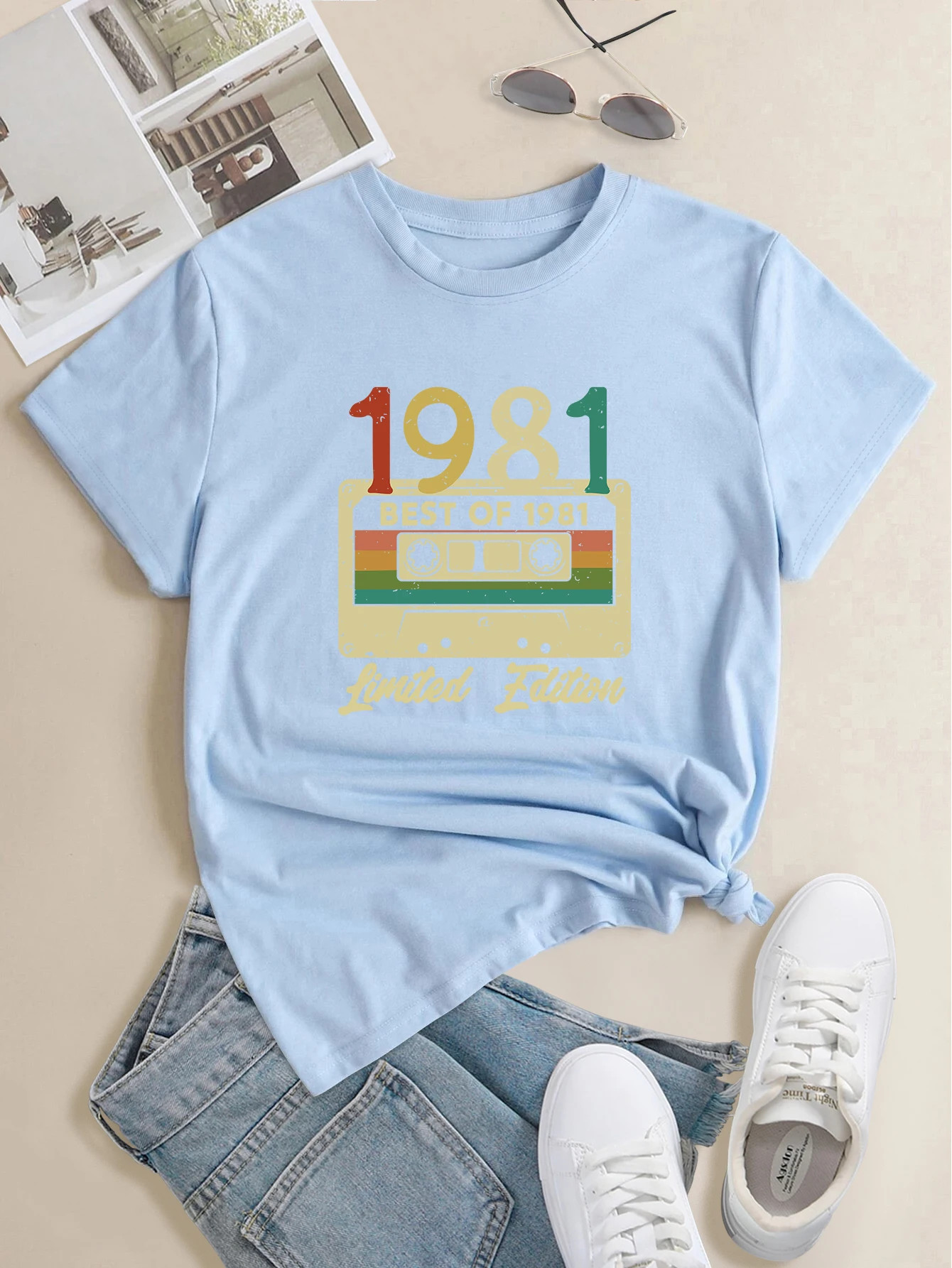 „Geriausi 1981 m. riboto leidimo“ spausdinti marškinėliai apvalia kaklo iškirpte, laisvi laisvi trumpomis rankovėmis, madingi vasariniai marškinėliai, viršutiniai drabužiai, moterims_voghion.com