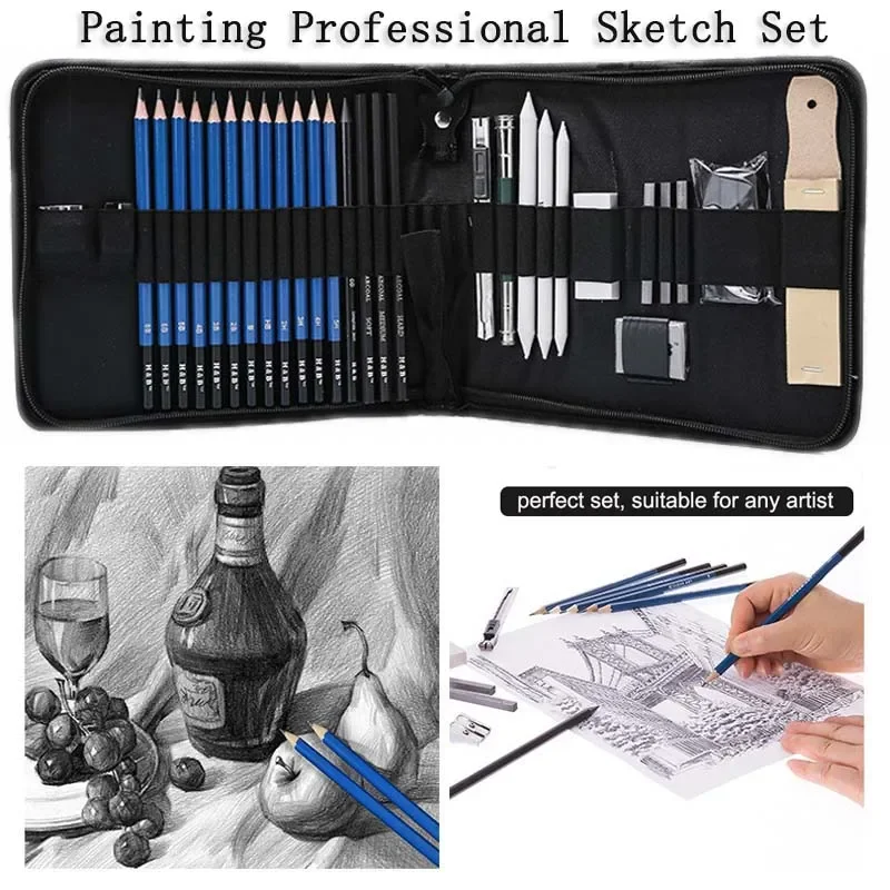 33PCS Professional Drawing Sketching Set Drawing Charcoal Wood Pencils Kneaded Eraser Kit for Painter Students Art Supplies
