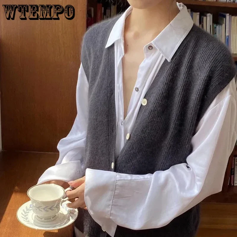 WTEMPO Women Spring Fall New Solid Button Sweater Vest Korean Elegant V-Neck Knitted Cardigan Vest Office Lady Commuter Knitwear