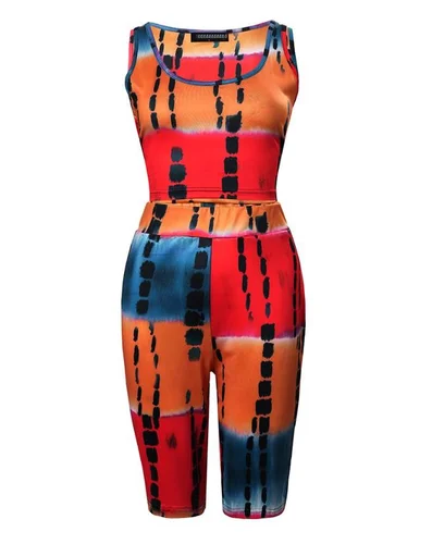 Two Piece Sets Womens Outifits 2023 봄 패션 타이 염료 프린트 민소매 U-넥 크롭 탑 & 캐주얼 하이 웨이스트 반바지 세트, 크롭 탑 4