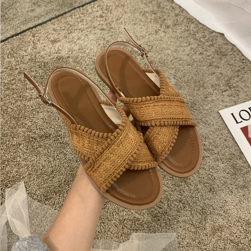 Retro Crochet Lace Slingback Sandals Woman Ethnic Fashion Cross Strap Sandalias Ladies Casual Flat Summer Shoes