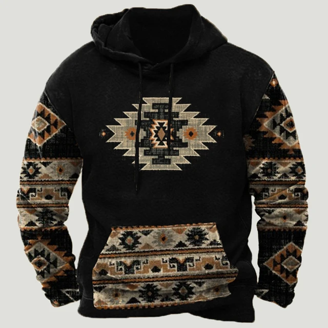 Autumn Pullover Hoodie Men Outdoor Hiking Sweatshirt Training Tactical Tops  Men Western Ethnic Print Long Sleeve