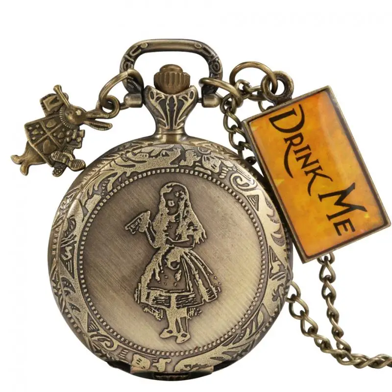 Orologio da donna retrò orologio da tasca al quarzo in bronzo retrò orologio a catena con collana maglione da ragazza con accessorio per coniglio Drink Me