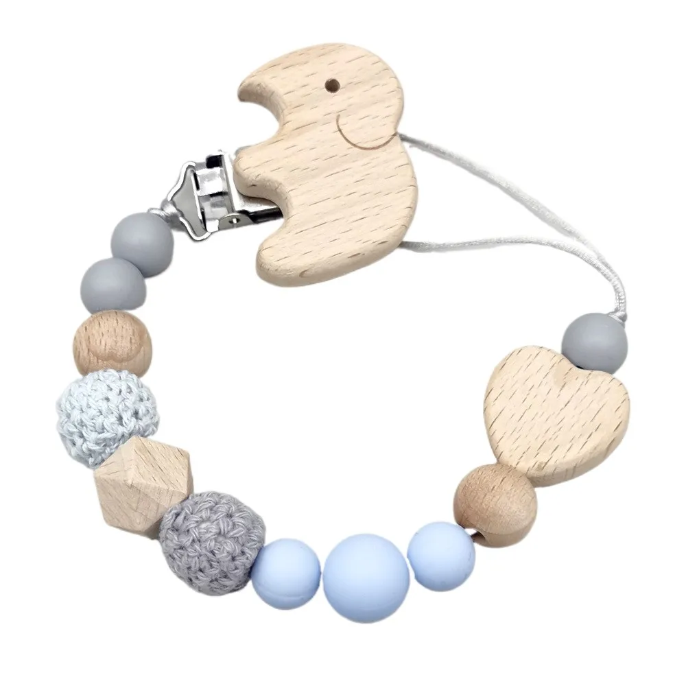Silicone Beaded Pacifier Chain Elephant Beech Wood Pacifier Clips Baby Anti-Drop Soother Holder for Teething