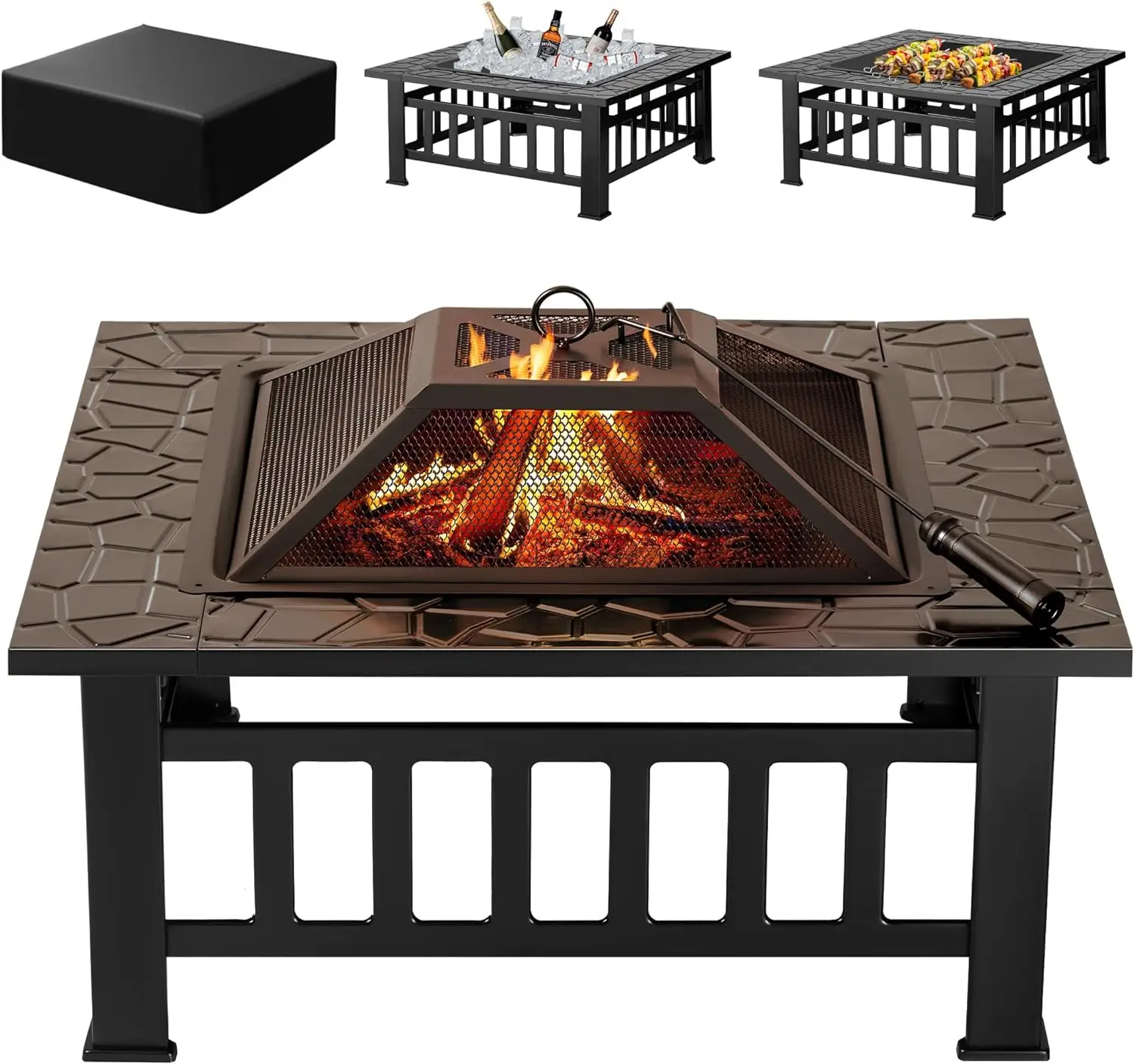 32 inch Metal Outdoor Fire Pit Table Multiuse Square Patio BBQ Firepit with Spark Screen Lid and Waterproof Cover for Camping