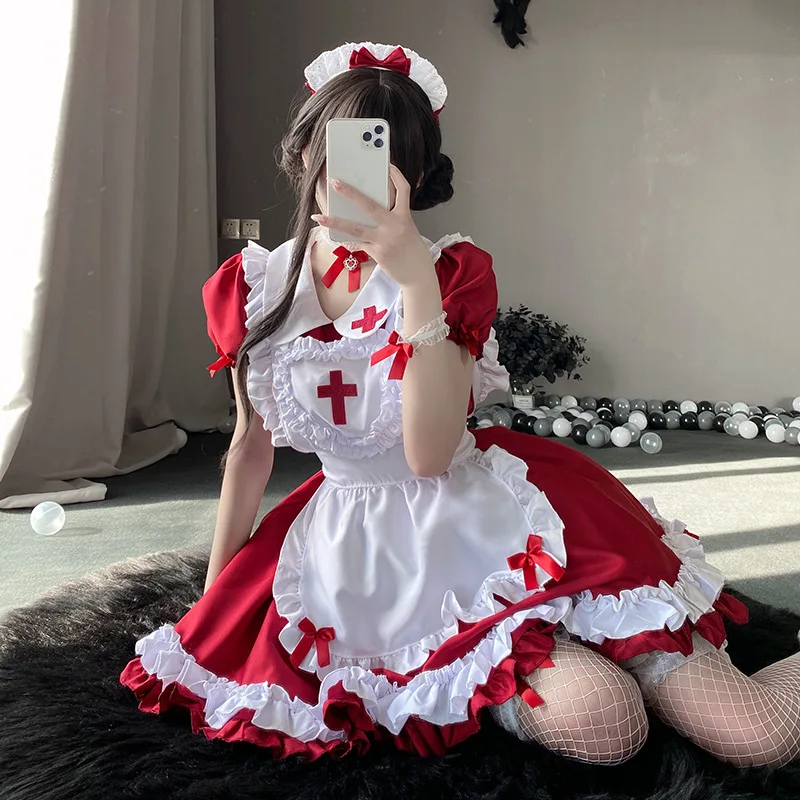 

Cross maid Cute soft girl Lolita Nurse style maid cosplay anime costume stage show Kawaii